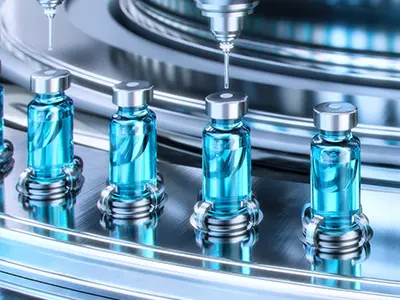 photo représentant LMS Express montrant du liquide injecté dans des flacons pour produits pharmaceutiques