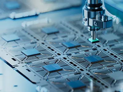 photo d'une puce semi-conductrice en cours de fabrication